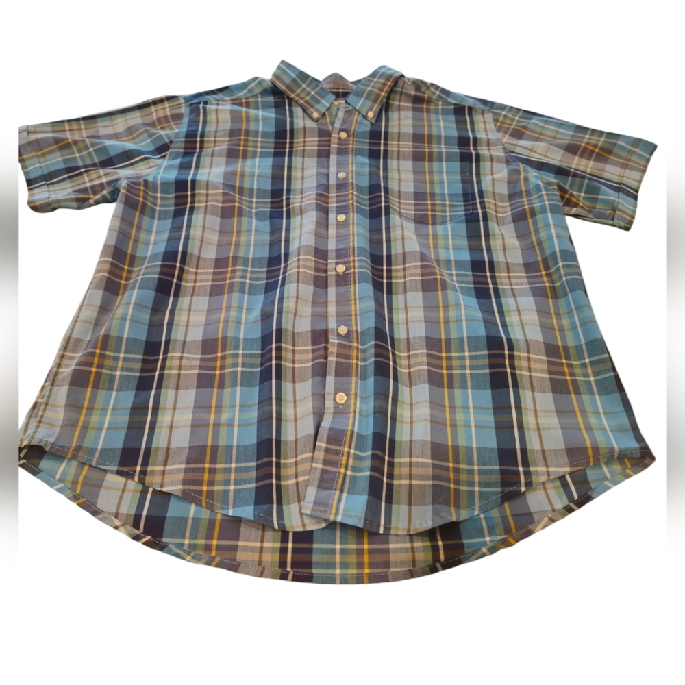 Haggar Stretch Men's Short Sleeve Shirt Size XL Plaid Color Blue, Light Blue